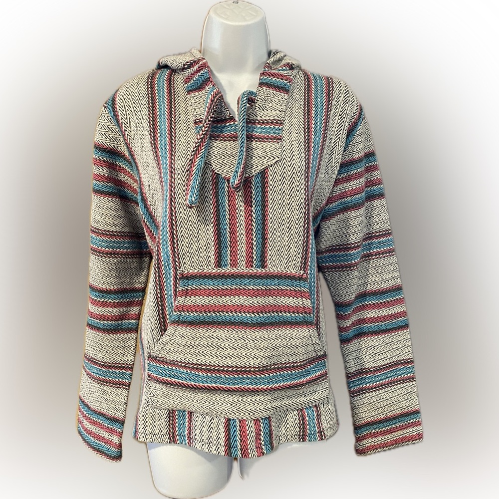 Original Senor Lopez Mexico Made Large Boho Pink Blue Stripe Hooded Poncho